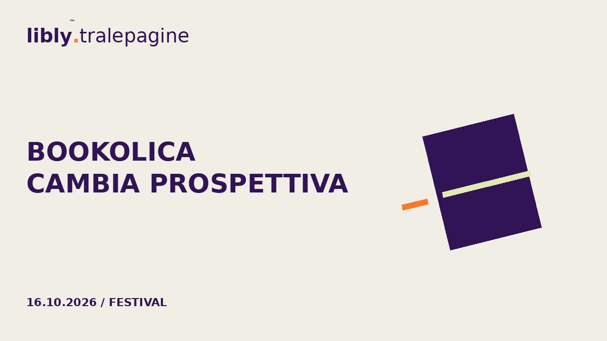 Un blocco viola inclinato e un trattino arancione disallineato su avorio, per il cambio di prospettiva di Bookolica.