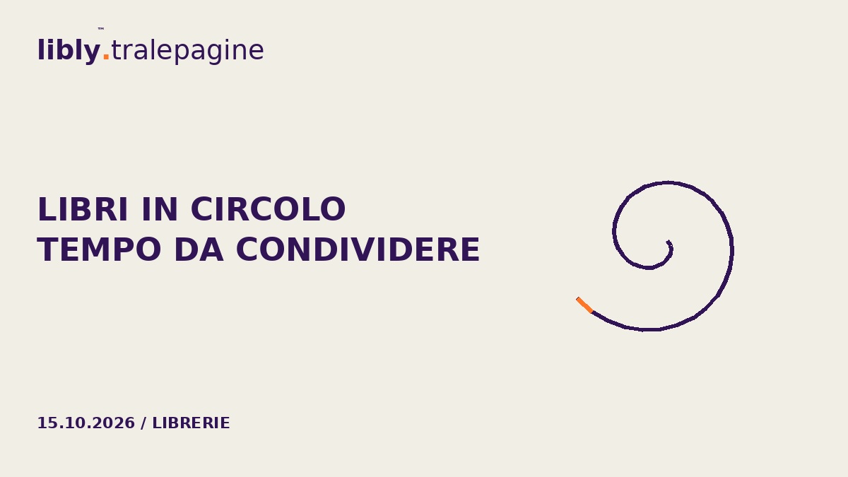 Una spirale viola con un’estremità arancione su avorio: libri che passano fra persone.