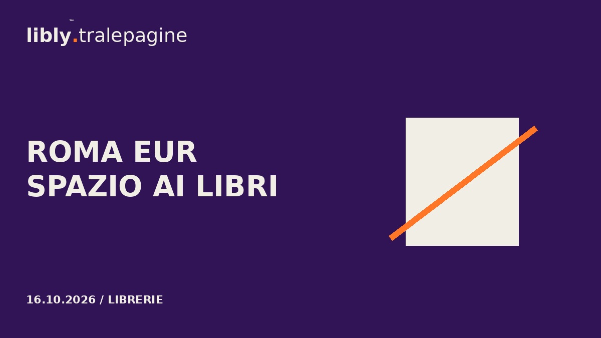 Un blocco avorio attraversato da un taglio arancione su viola, per il nuovo spazio librario di Roma Eur.